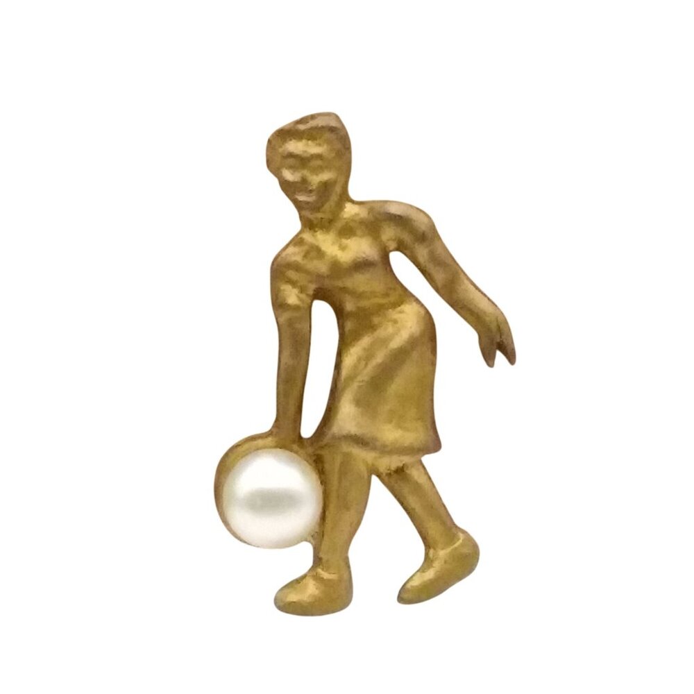 Vintage Woman Bowler Lapel Pin in Gold Tone with Pearl Bowling Ball, Mid Century
